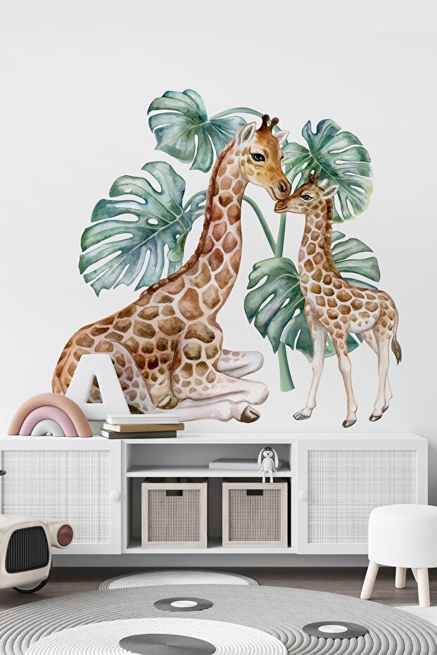 Sm361 Large Size Mother Baby Giraffe And Tropical Leaves Wall Sticker Set