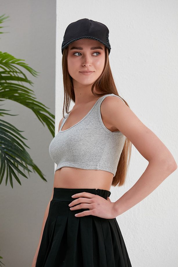 Gri Fitted/vücuda Oturan Havuz Yaka Fitilli Esnek Örme Atlet - 5