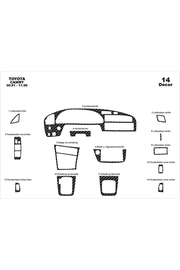 Meriç ® Toyota Camry Front Glove Box Trim Gloss Black 14 Piece 1991-1997