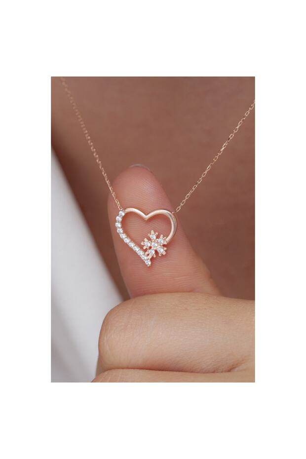 925 Ayar Gümüş Kar Taneli Kalpli Kolye - 2