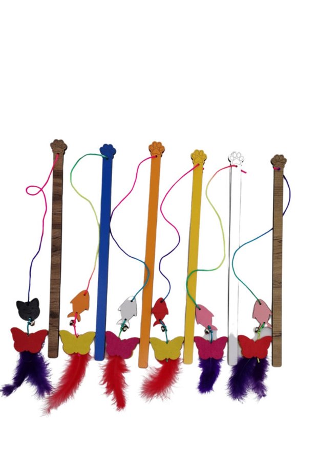 Cat Fishing Rod with Bell, Feather Toy, Easy to Hold Wooden Handle Cat Fishing Rod (1 Piece)