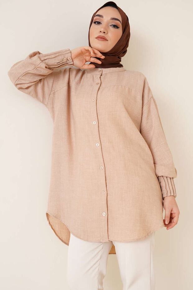 Women's Sleeve Ribbed Detailed Linen Shirt