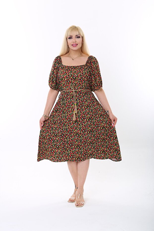 Women's Plus Size Woven Viscose Black Red Yellow Digital Printed Square Collar Dress