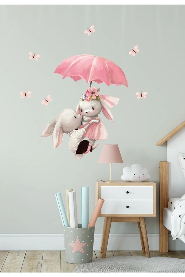 Dancing Umbrella Rabbits Wall Sticker Set Colorful