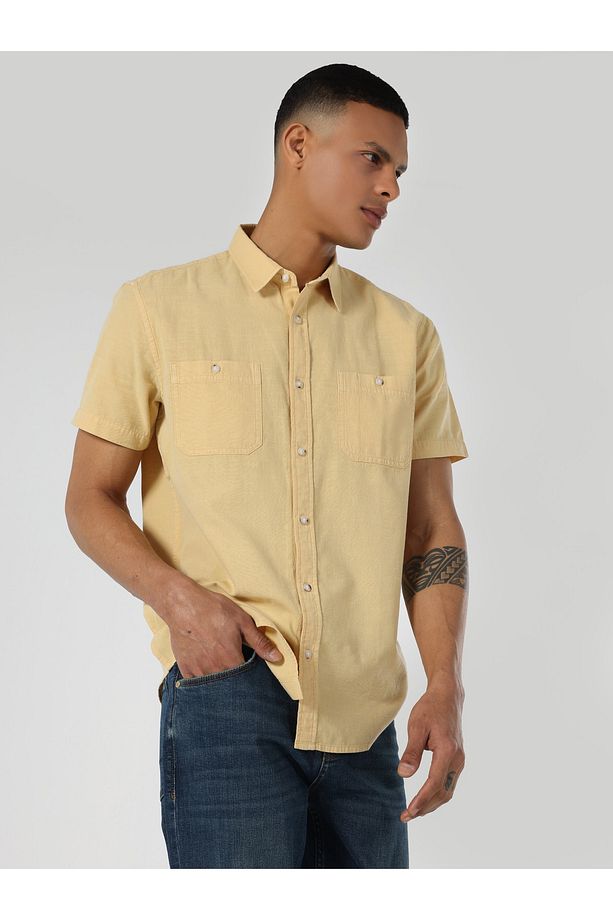 Regular Fit Basic Sarı Erkek Kısa Kol Gömlek - 3