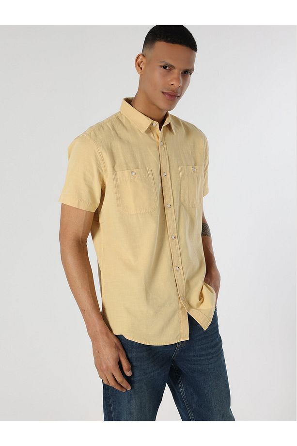 Regular Fit Basic Sarı Erkek Kısa Kol Gömlek - 4