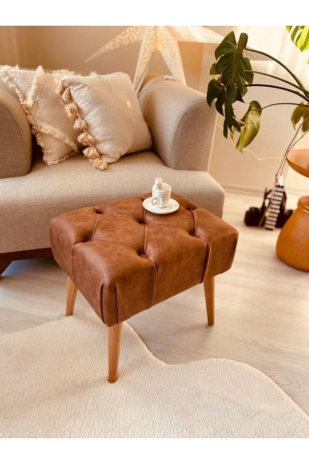 Retro Ahşap Ayak Rahat Oturum Alanı El Örme Kapitone Kaplama Nubuk Kahverengi Kumaş Bench - 3