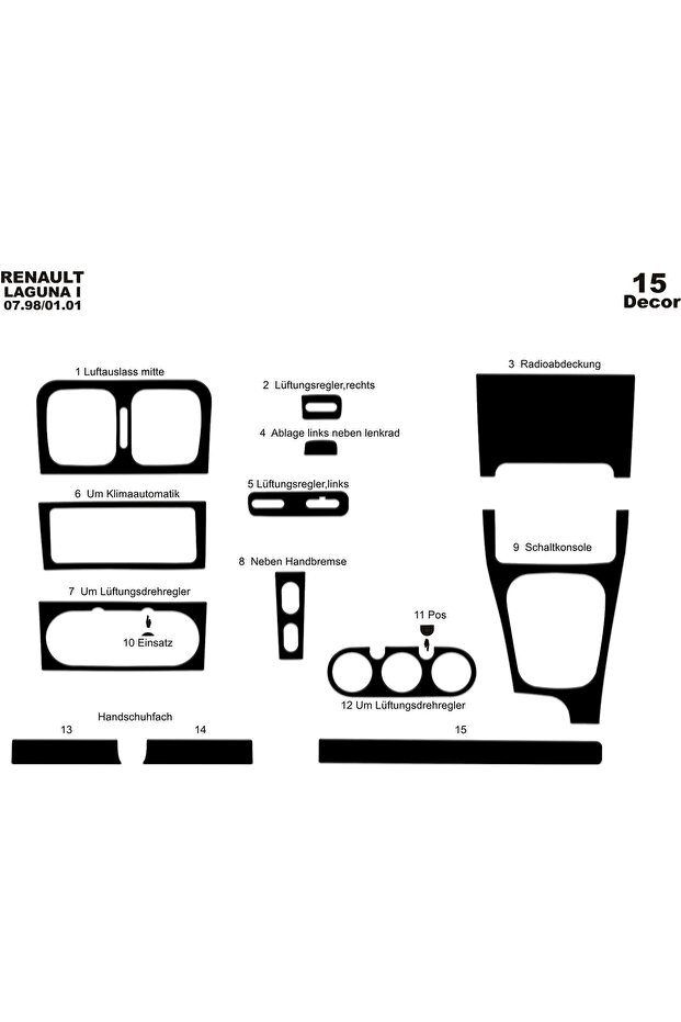 Meriç ® Renault Laguna Front Glove Box Trim Gloss Black 15 Piece 1998-2001