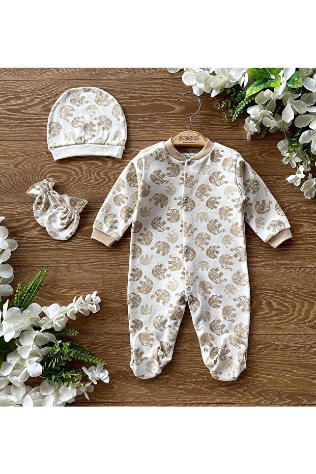 Organic Cotton 3-Piece Combed Cotton Baby Jumpsuit Set Elephant