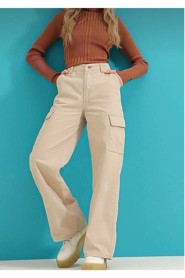 Wide Leg Beige Cargo Pocket Palazzo Jeans