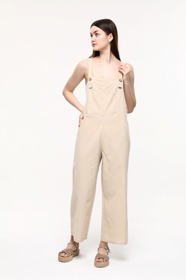 Beige Front Pocket Strap Adjustable Buttoned Jumpsuit - 1