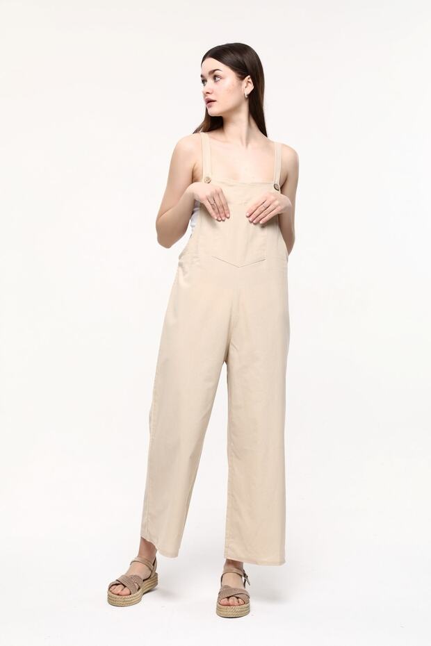 Beige Front Pocket Strap Adjustable Buttoned Jumpsuit - 4