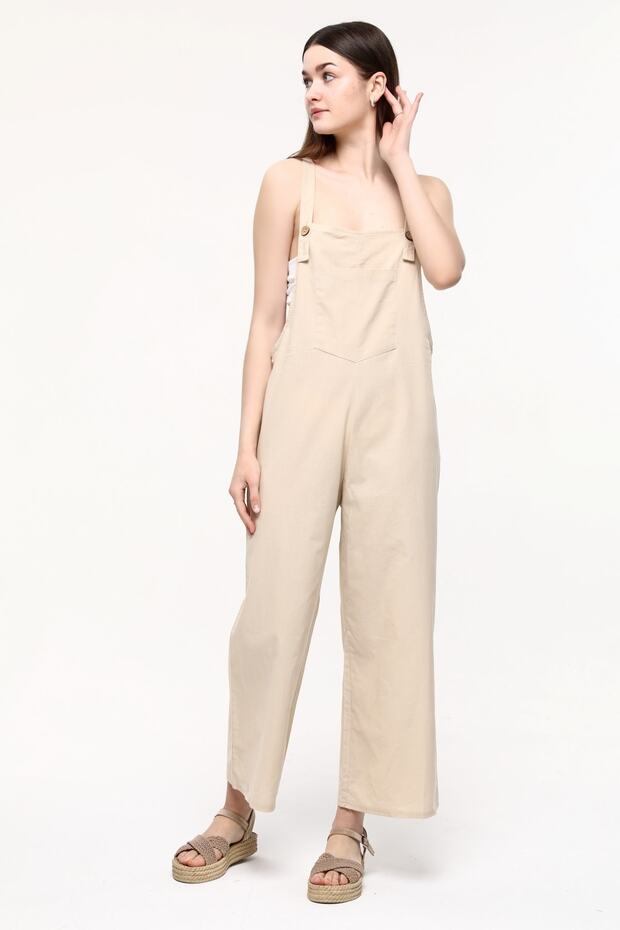 Beige Front Pocket Strap Adjustable Buttoned Jumpsuit - 5