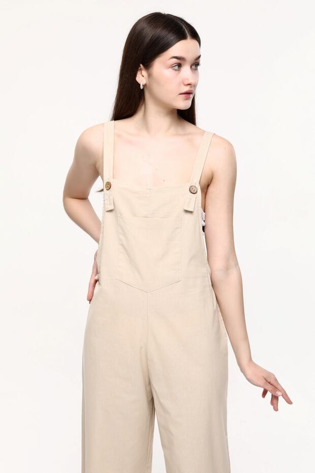 Beige Front Pocket Strap Adjustable Buttoned Jumpsuit - 6