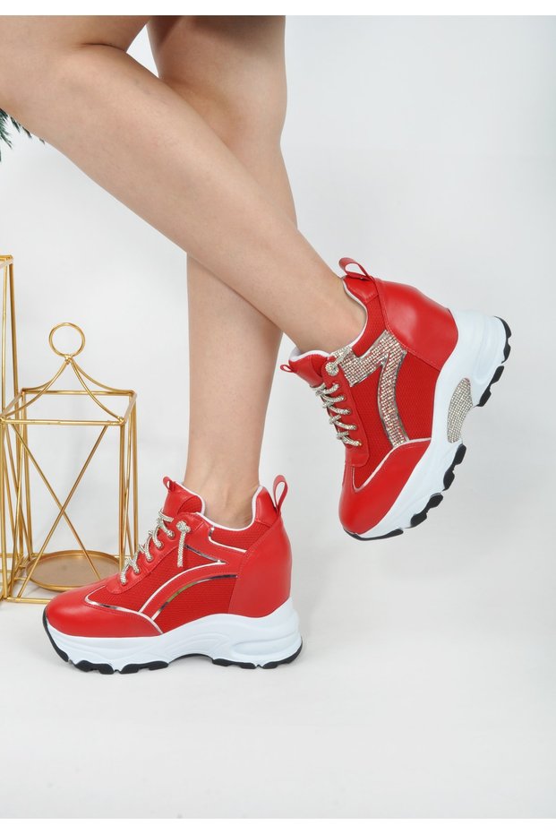 Women's Hidden Wedge Heeled Stoned Sports Shoes with Silvery Lace-ups