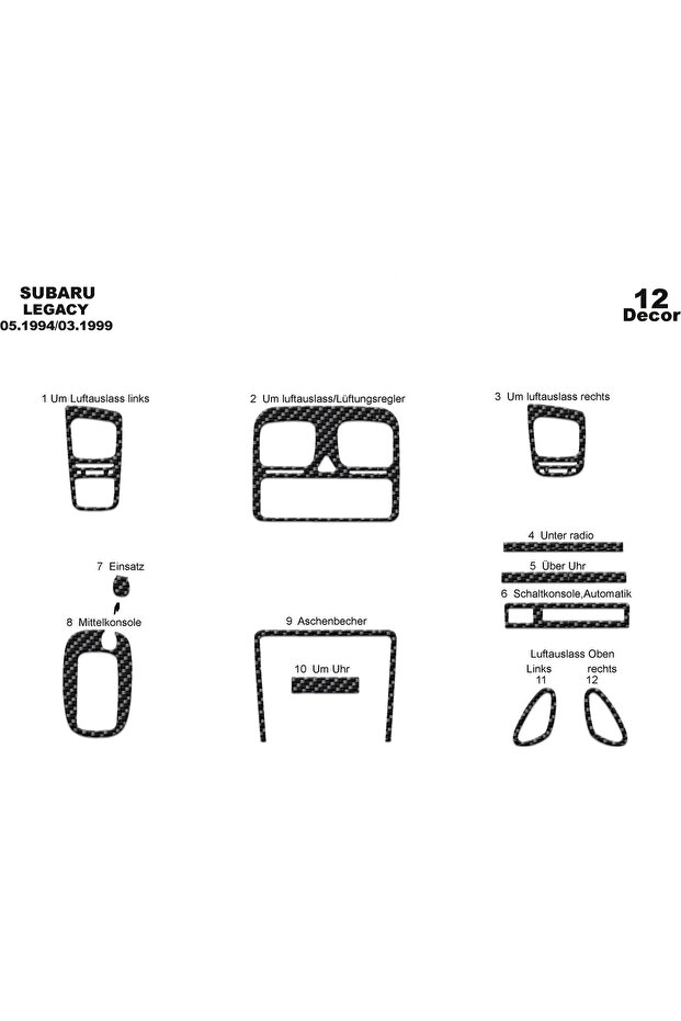 Meriç ® Subaru Legacy Front Glove Box Trim Gloss Black 12 Piece 1994-1999