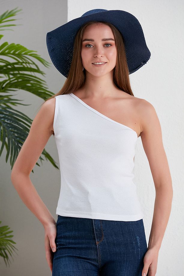 Beyaz Crop Tek Omuz Detaylı Kaşkorse Bluz - 1