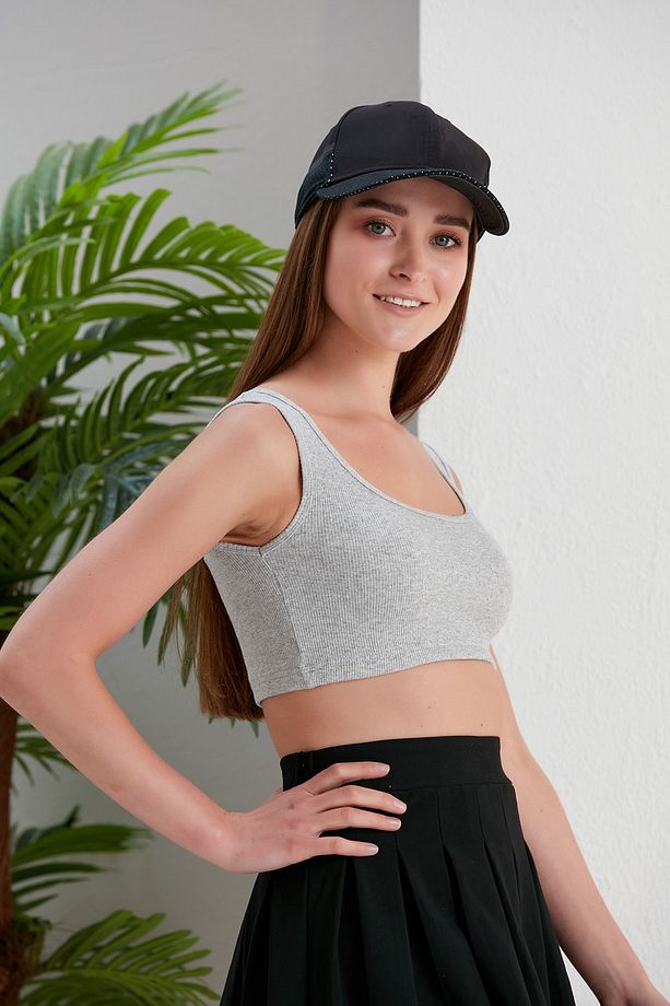 Gri Fitted/vücuda Oturan Havuz Yaka Fitilli Esnek Örme Atlet - 6