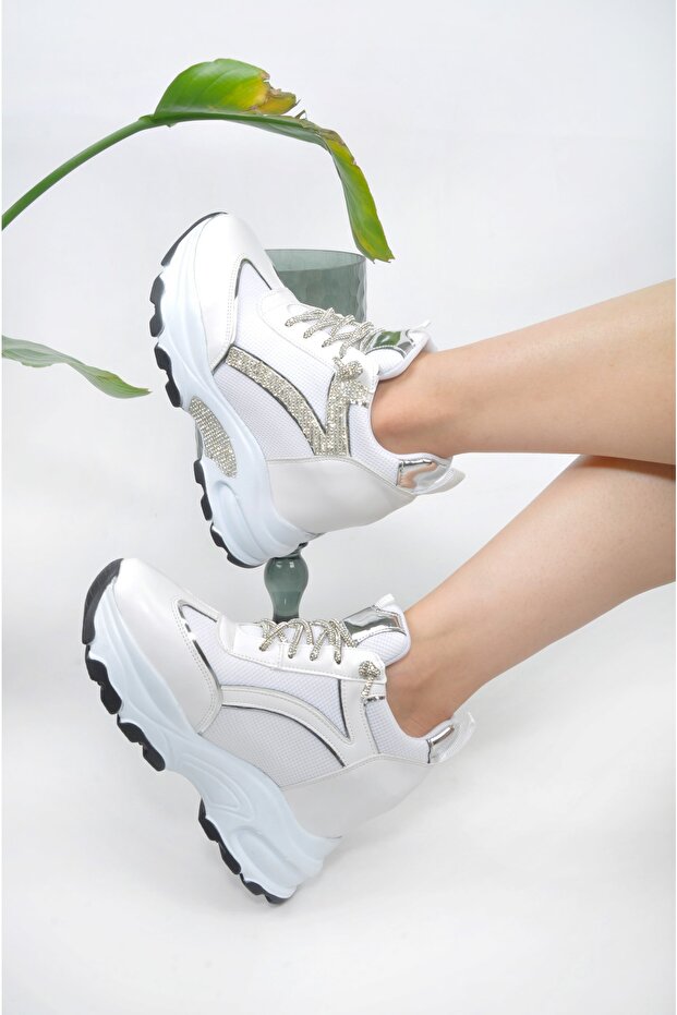 Women's Hidden Wedge Heeled Stoned Sneakers with Glittery Laces