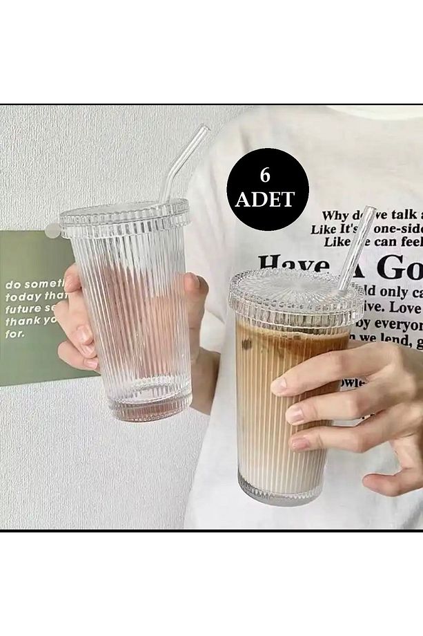 6 Adet 400 Ml Isıya Dayanıklı Origami Desen Kapaklı Ve Pipetli Bardak Milkshake Ve Meşrubat Bardağı - 1