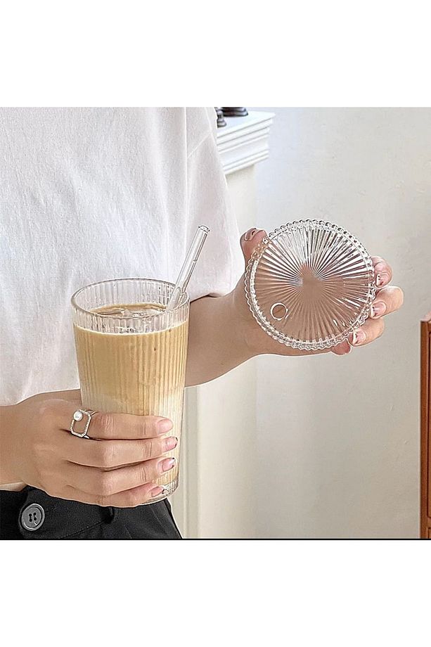 6 Adet 400 Ml Isıya Dayanıklı Origami Desen Kapaklı Ve Pipetli Bardak Milkshake Ve Meşrubat Bardağı - 3
