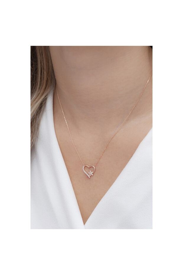 925 Ayar Gümüş Kar Taneli Kalpli Kolye - 1