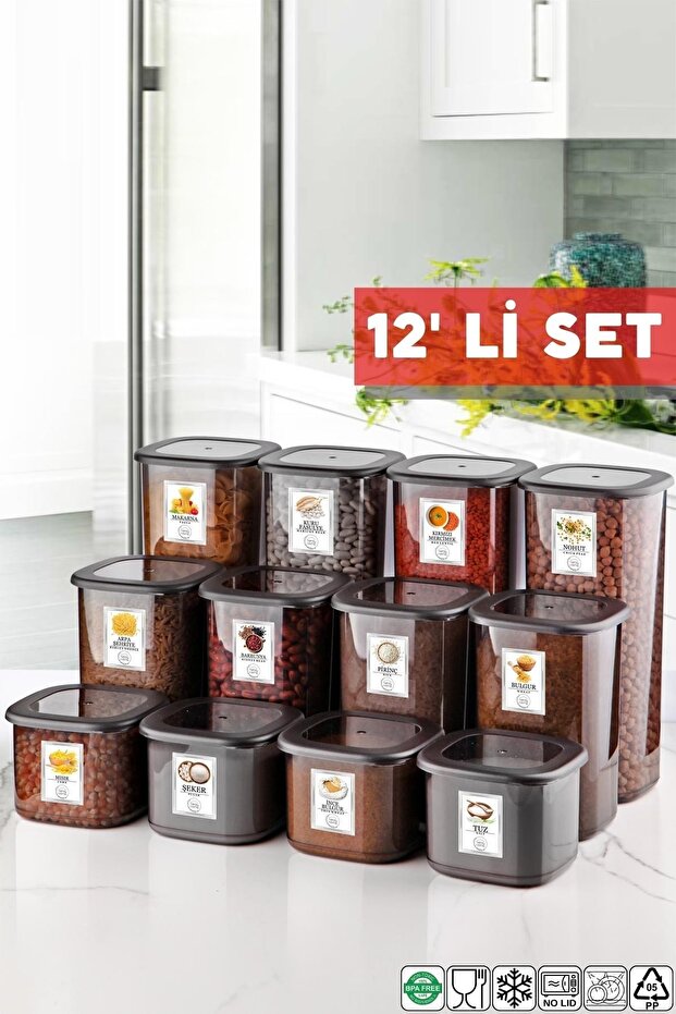 Set of 12 Anthracite Economical Unbreakable Storage Containers with Labels 1.75/1.2/0.55 Lt