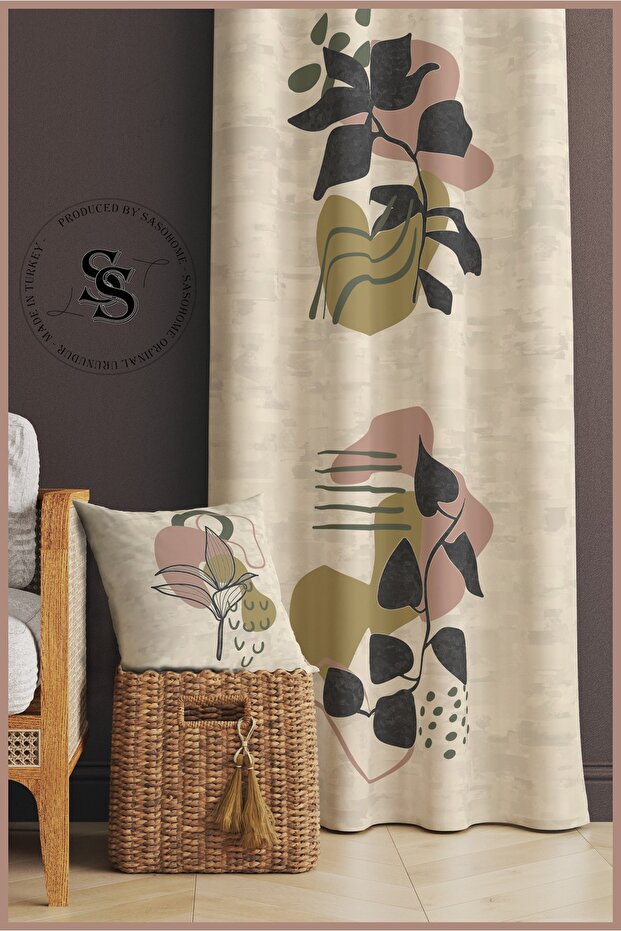 Green Pink Leaves Patterned Velvet 140 X 270 Cm Quality - Digital Printed Background Curtain