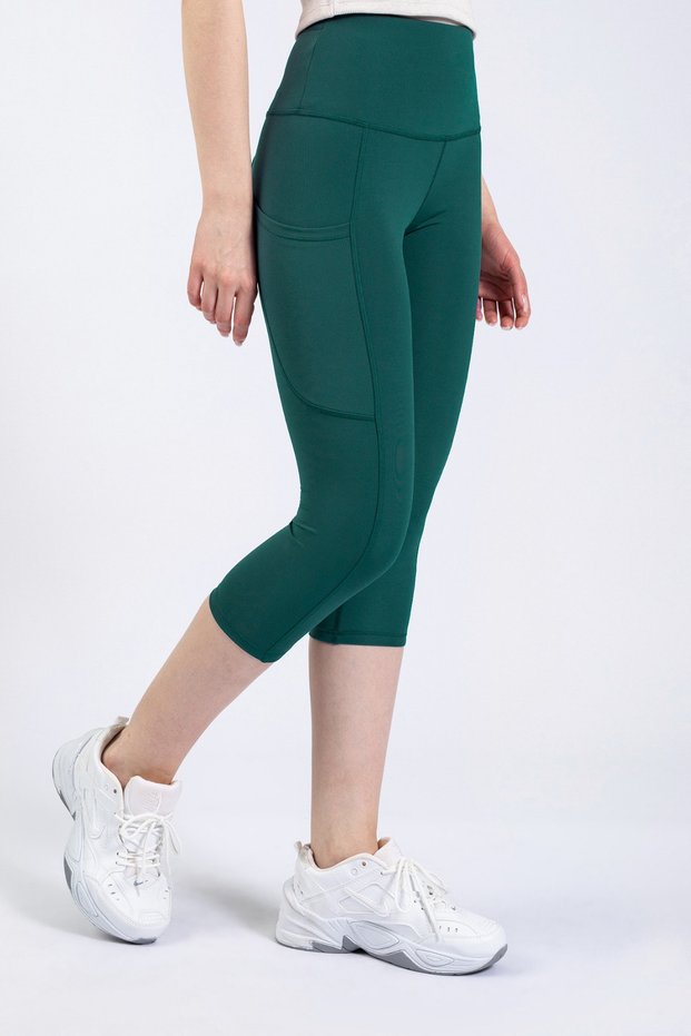 Snc Women's Petrol Green Pocket High Waist Leggings, Capri Yoga Tights 19"