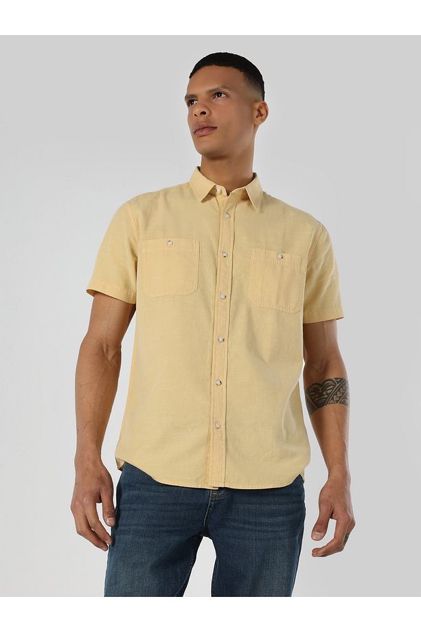 Regular Fit Basic Sarı Erkek Kısa Kol Gömlek - 1