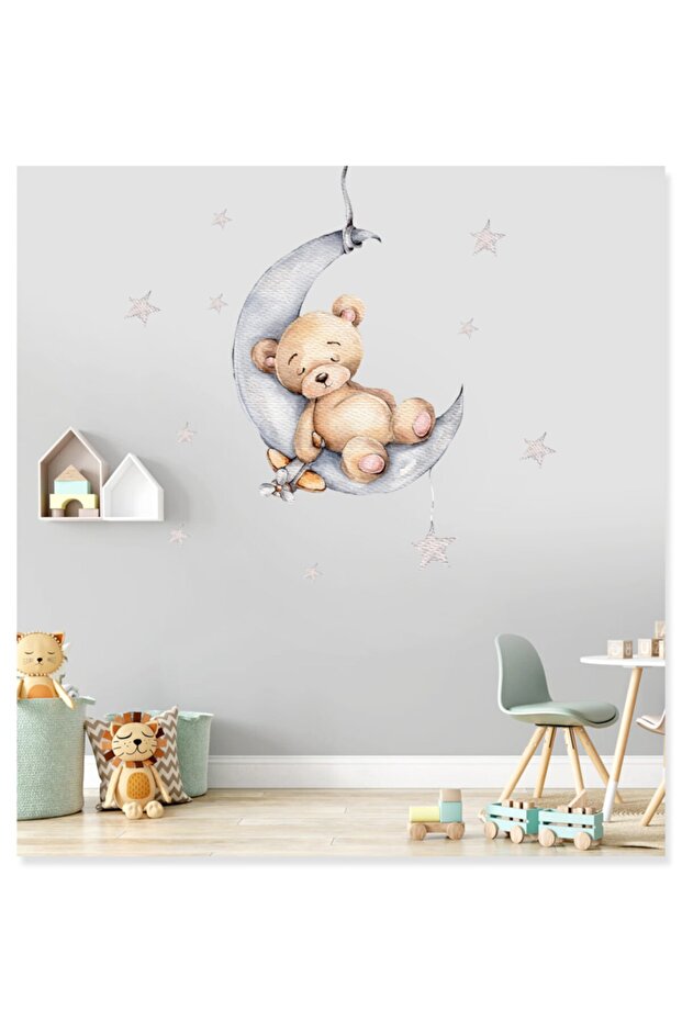 Plush Teddy Bear Sleeping on the Moon and Stars Children's Room Decorative Wall Sticker