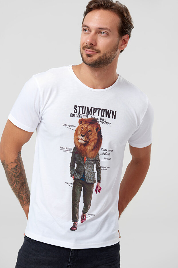 Beyaz Erkek T-Shirt -  Aslan Grafik - Baskılı - 1