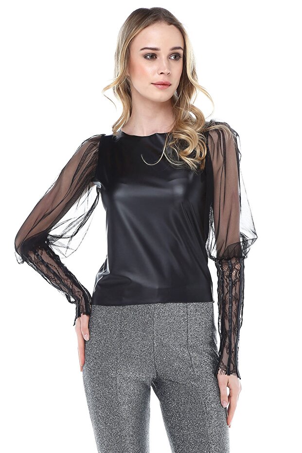 Women's Black Cuff Detailed Leather Blouse BDM2480