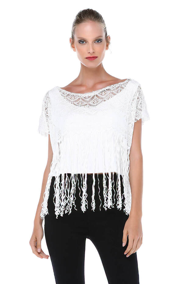 Kadın Beyaz Püsküllü Bluz BD2390 - 1