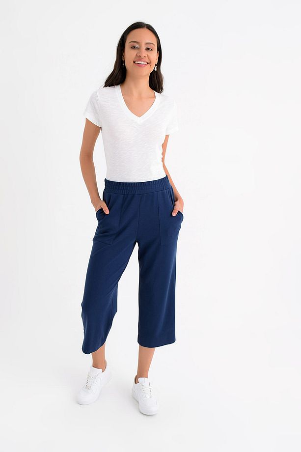 Kadın Lacivert Beli Lastikli Iki Cepli Ara Boy Pantolon Hn1289 - 1