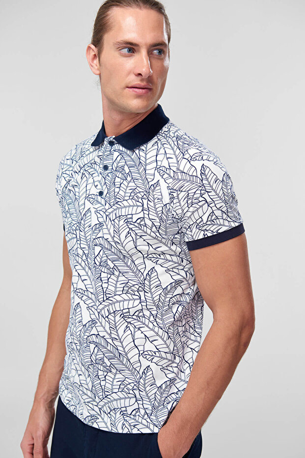 Handeks Beyaz Erkek Polo Yaka T-Shirt - Yaprak Desenli - 2