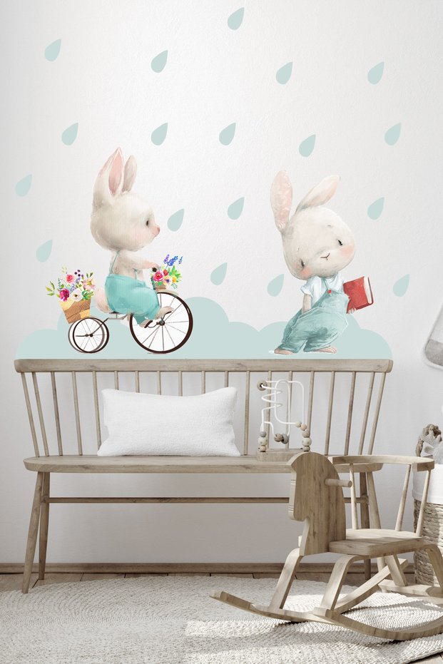 Sm302 A Rainy Day in the Land of Rabbits Children's Room Wall Sticker Set