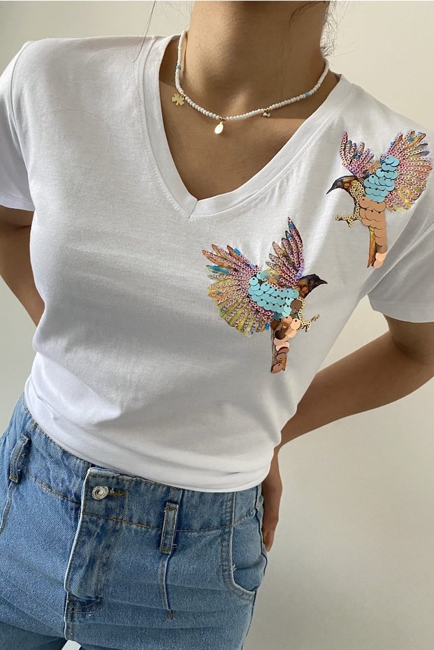 Women's White V-Neck Shoulder Bird Sequin Embroidery 100% Cotton T-Shirt