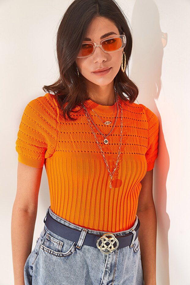 Women's Orange Openwork Ribbed Knitwear Blouse BLZ-19002270