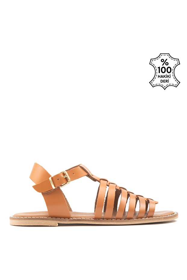 Genuine Leather Flat Gladiator Sandals Tan - Serim