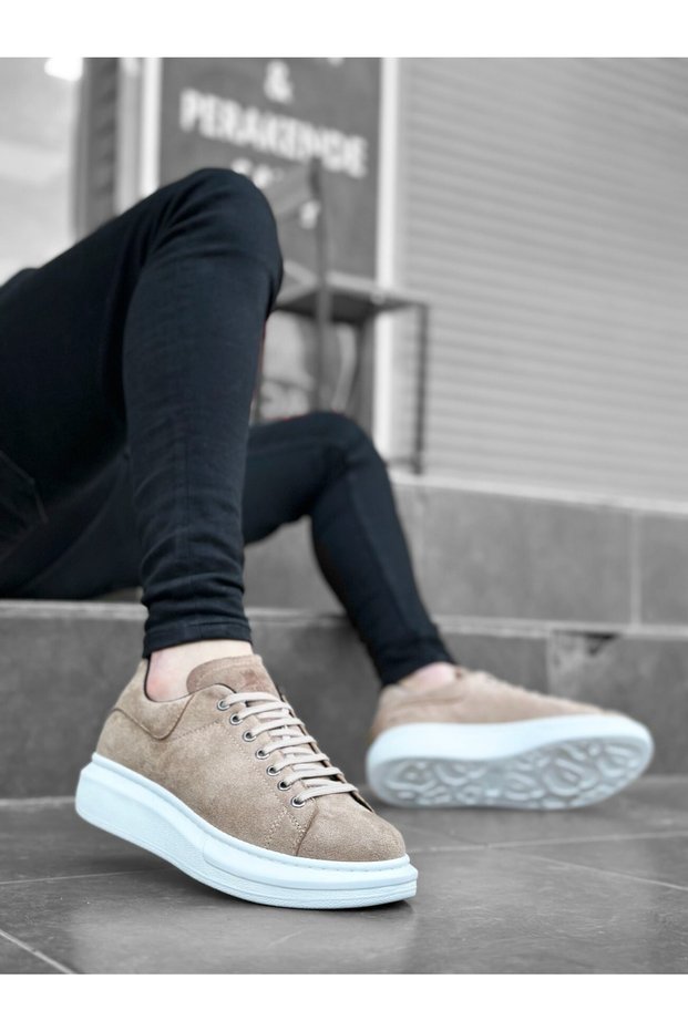Men's Suede Beige White Sports Casual Shoes High Thick Sole Lace-up Sneaker