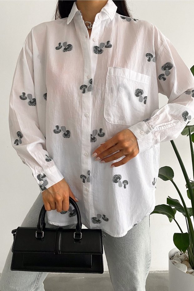 Women's New Season Mushroom Embroidery Embroidered 100% Cotton Wide Fit Shirt