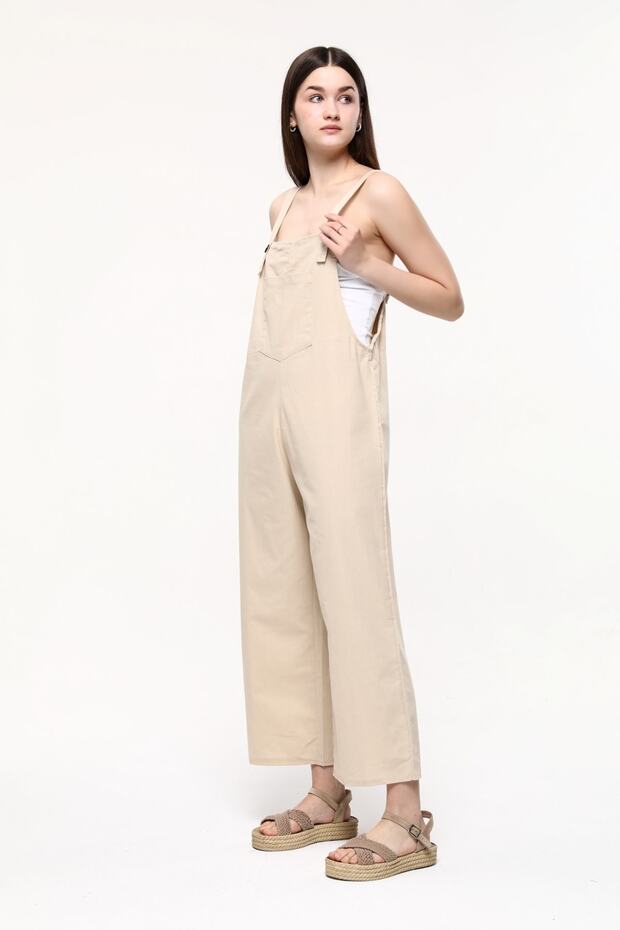 Beige Front Pocket Strap Adjustable Buttoned Jumpsuit - 2