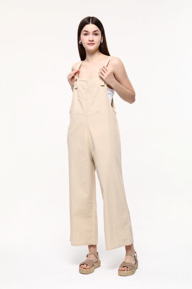 Beige Front Pocket Strap Adjustable Buttoned Jumpsuit - 3