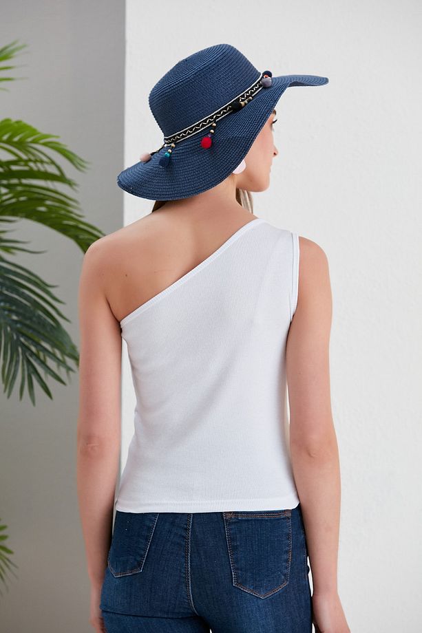 Beyaz Crop Tek Omuz Detaylı Kaşkorse Bluz - 8