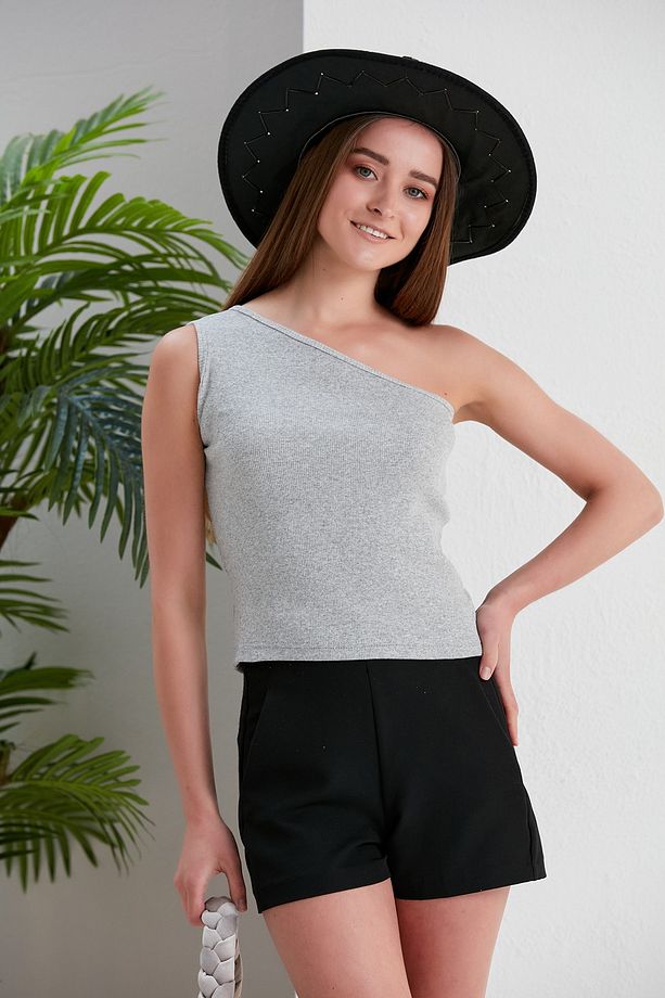 Gri Crop Tek Omuz Detaylı Kaşkorse Bluz - 1