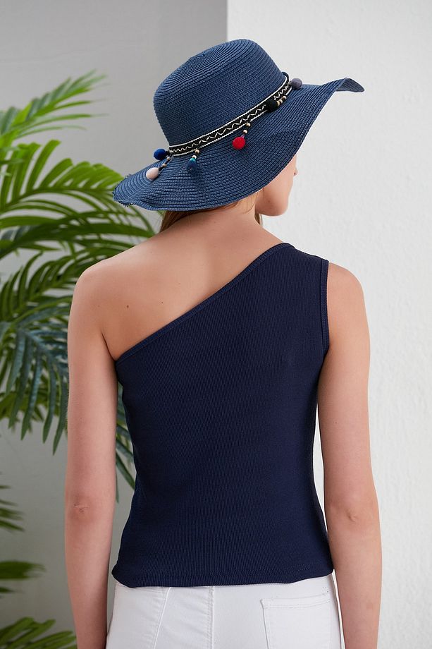 Lacivert Crop Tek Omuz Detaylı Kaşkorse Bluz - 8