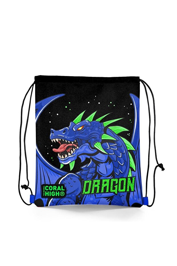 Kids Black Cobalt Blue Dragon Patterned Drawstring Drawstring Backpack 22689