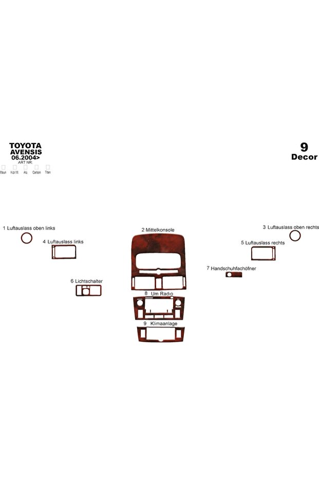 Meriç ® Toyota Avensis Front Glove Box Trim Mahogany 9 Pieces 2004-2005
