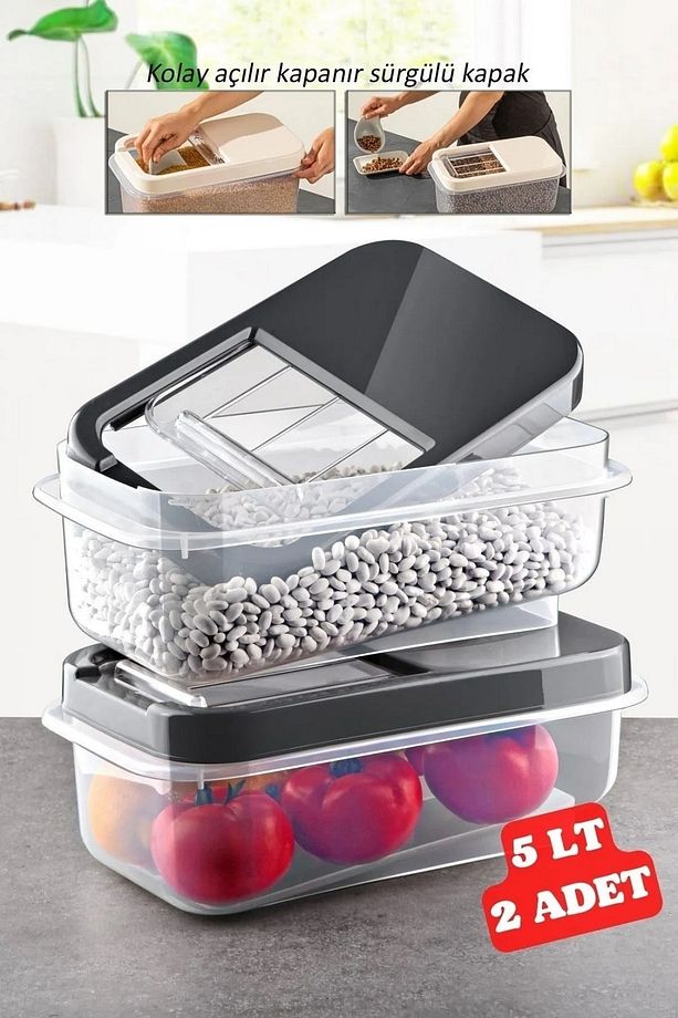 2 Adet 5 Lt Kolay Kayar Kapaklı Multibox Erzak Bakliyat Vs. Saklama Kabı Antrasit - 1